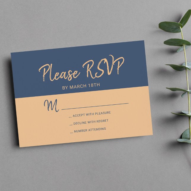 Modern navy copper trendy typography wedding rsvp card (Creator Uploaded)