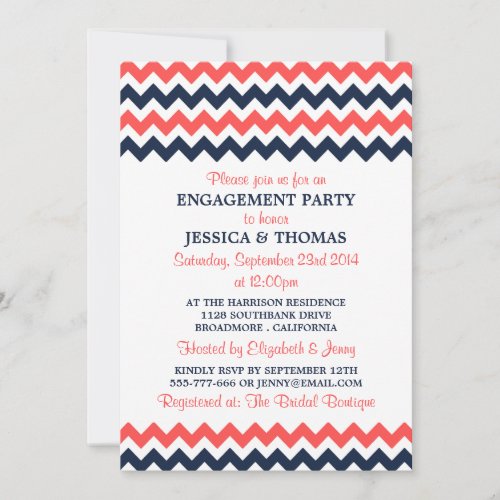 Modern Navy  Coral Chevron Engagement Party Invitation
