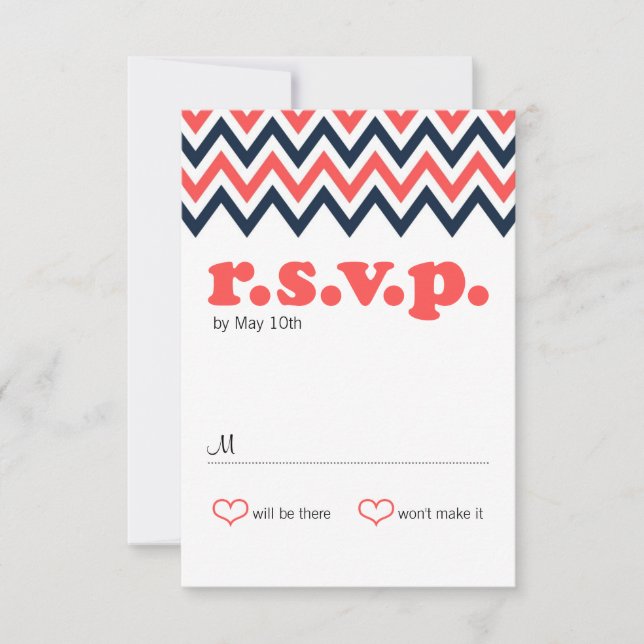 Modern Navy & Coral Chevron & Lovebirds RSVP (Front)