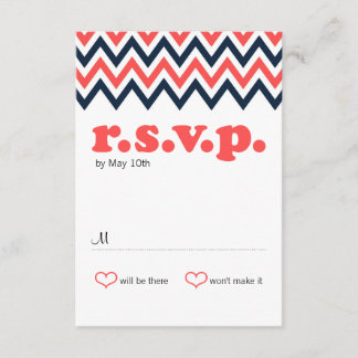 Modern Navy & Coral Chevron & Lovebirds RSVP Card