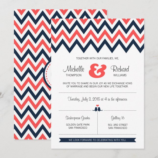 Modern Navy & Coral Chevron & Lovebirds Wedding Invitation (Front/Back)