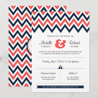 Modern Navy & Coral Chevron & Lovebirds Wedding Invitation