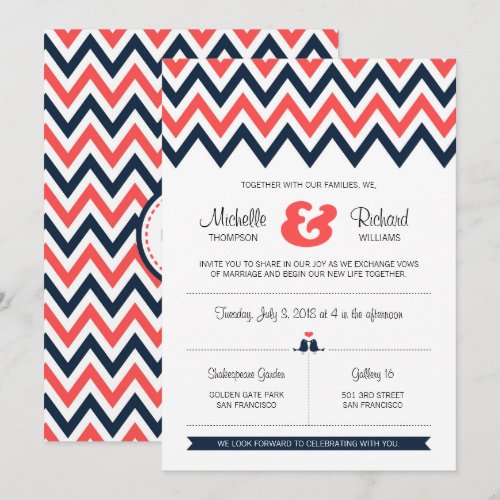 Modern Chevron (Coral &amp; Navy) Wedding Announcement