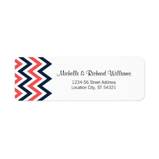 Modern Navy & Coral Chevron & Lovebirds Wedding Label (Front)