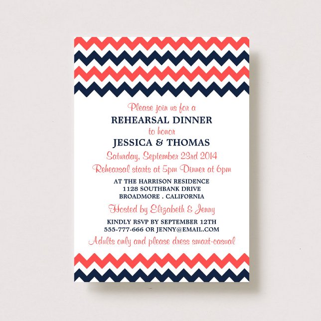 Modern Navy & Coral Chevron Rehearsal Dinner Invitation (Creator Uploaded)