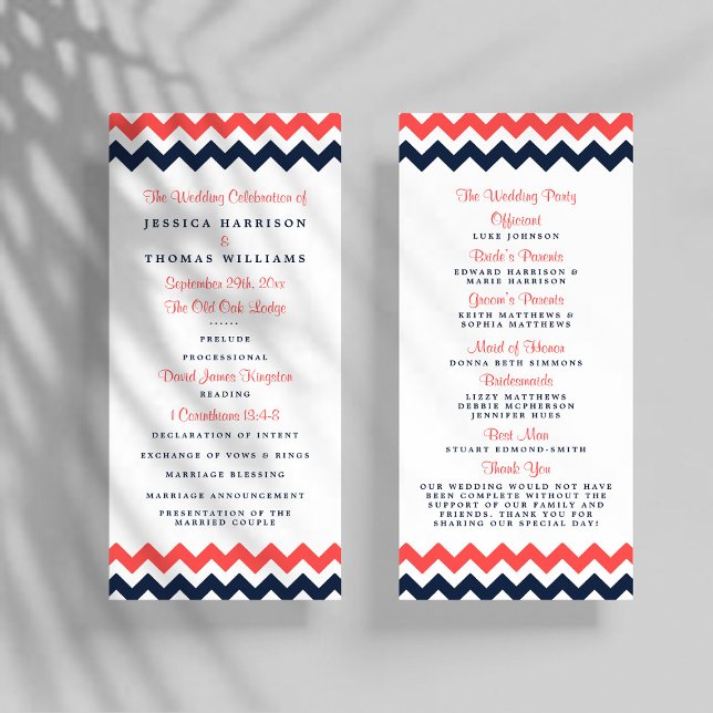 Modern Navy & Coral Chevron Wedding Program (Creator Uploaded)