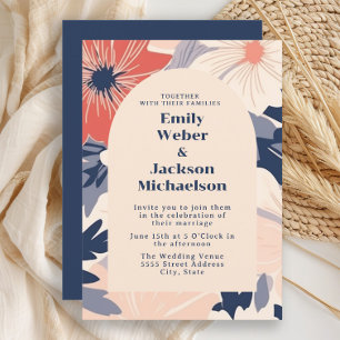 Modern Navy Coral Cream Arch Wedding Invitation