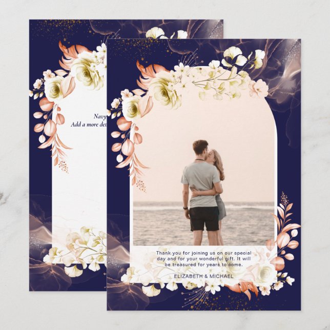 Modern Navy Coral Floral PHOTO THANK YOU (Front/Back)