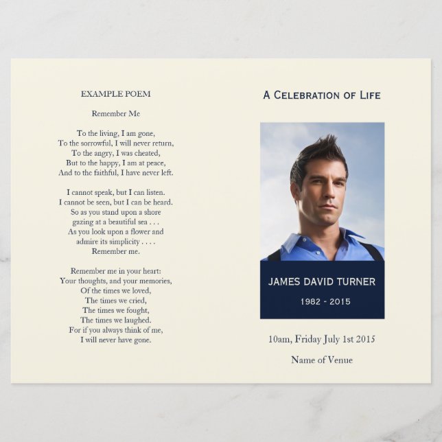 Modern Navy & Cream Memorial Funeral Program (Front)