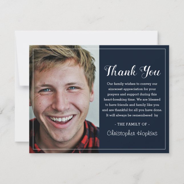 Modern Navy Custom Photo Funeral Thank You Card (Front)
