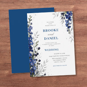 Modern Navy Delphinium Silver Glitter Wedding Invitation