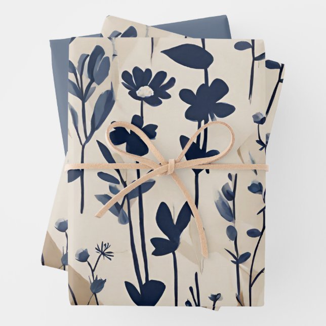 Modern Navy Dusty Blue Floral  Wrapping Paper Sheets (In situ)