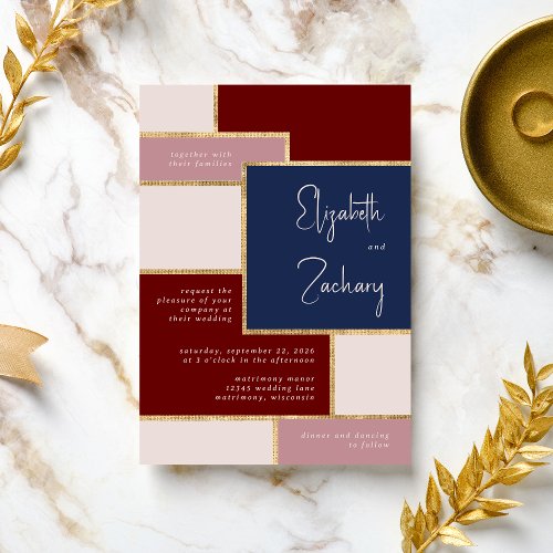 Modern Navy Dusty Rose Burgundy Blush Gold Wedding Invitation