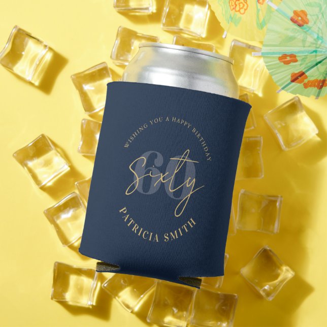 Modern Navy Elegant 60th Birthday Can Cooler (In Situ Summer)