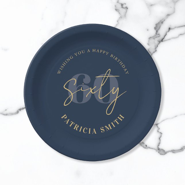 Modern Navy Elegant 60th Birthday Paper Plates (Creator Uploaded)