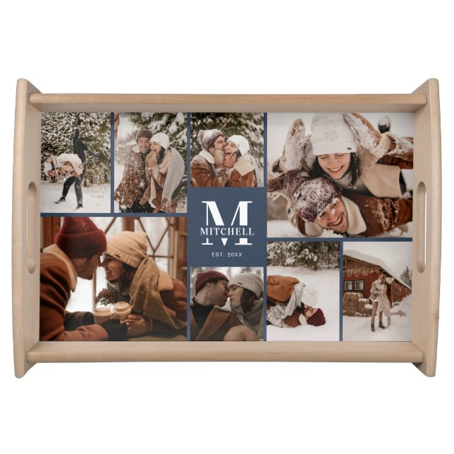 Modern Navy Elegant Family Photo Collage & Initial Serving Tray (Front)