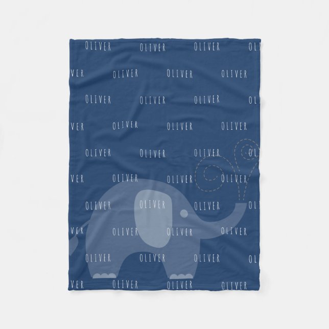 Modern Navy Elephant Personalized Name Boy Fleece Blanket (Front)