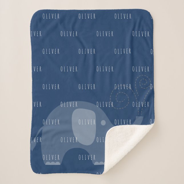 Modern Navy Elephant Personalized Name Boy Sherpa Blanket (Front)
