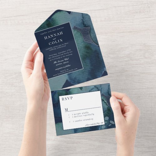 Modern Navy Emerald Abstract Watercolor All In One Invitation