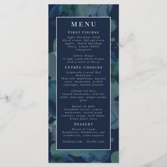 Modern Navy Emerald Abstract Watercolor Menu (Front)