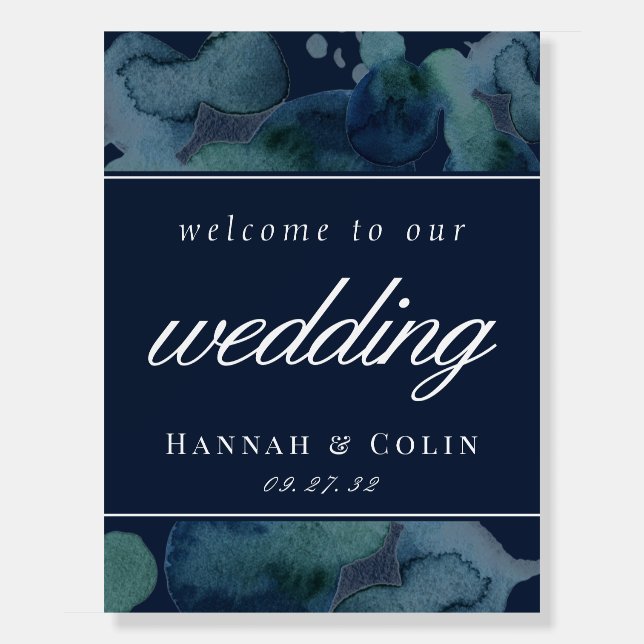 Modern Navy Emerald Abstract Watercolor Welcome Foam Board (Front)