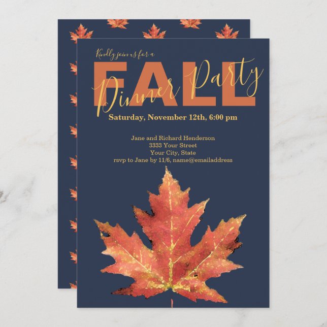 Modern Navy Fall Dinner Party Invitation (Front/Back)