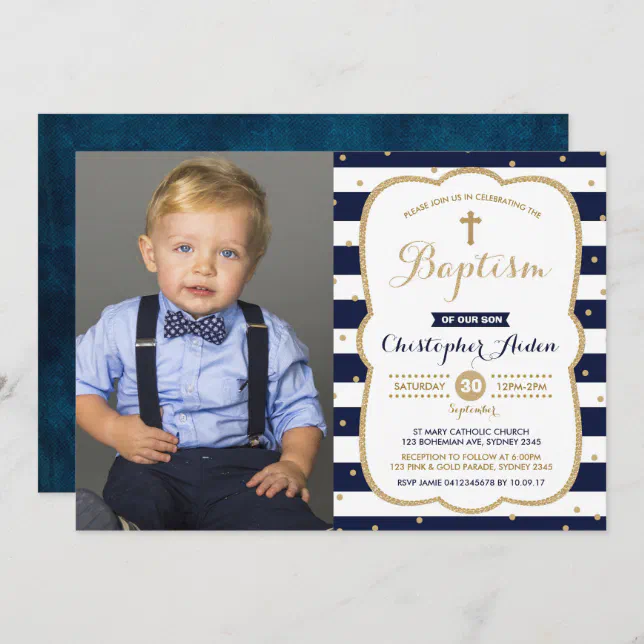 Modern Navy Faux Gold Boy Baptism Photo Invitation | Zazzle