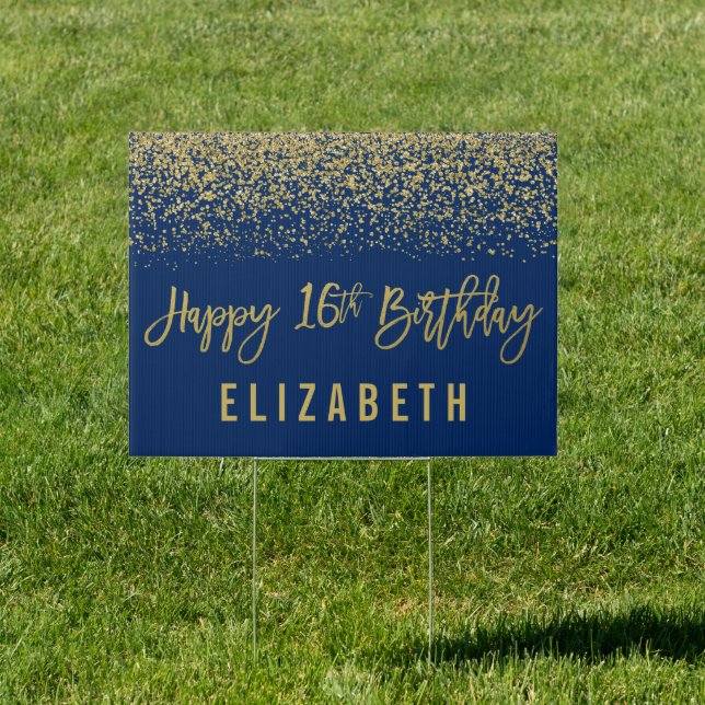 Modern Navy Faux Gold Glitter 16th Birthday Yard Sign (Insitu)