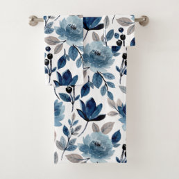 Modern Navy Floral Botanical Watercolor Bath Towel Set