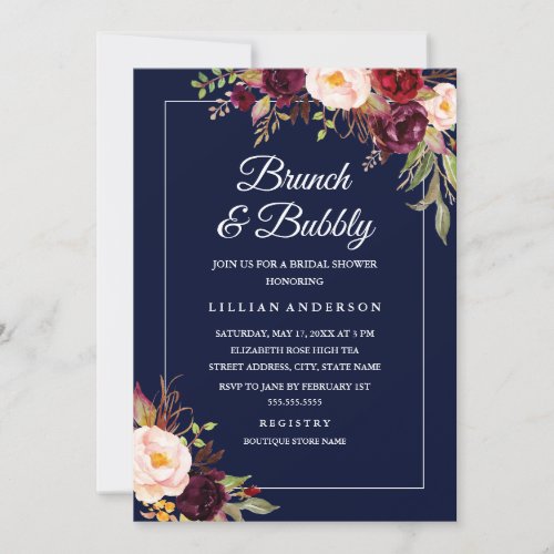 Modern Navy Floral Brunch And Bubbly Bridal Shower Invitation