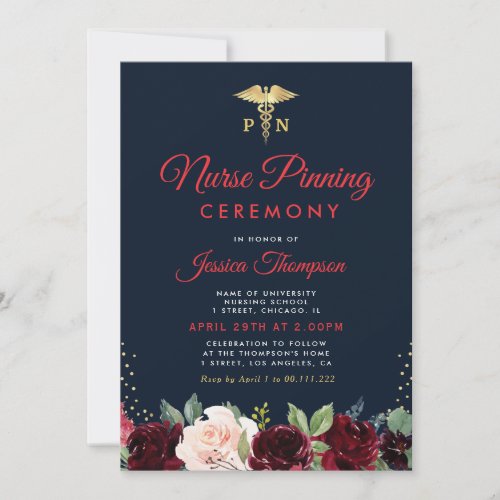 Modern navy floral Nurse pinning ceremony Invitation