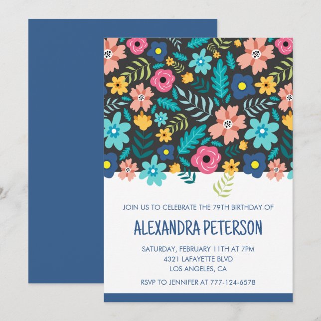 Modern Navy Floral Pattern 79th birthday Invitation (Front/Back)