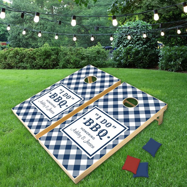 Modern Navy Gingham I Do BBQ Wedding Cornhole Set (Creator Uploaded)