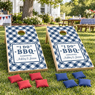 Modern Navy Gingham I Do BBQ Wedding Cornhole Set
