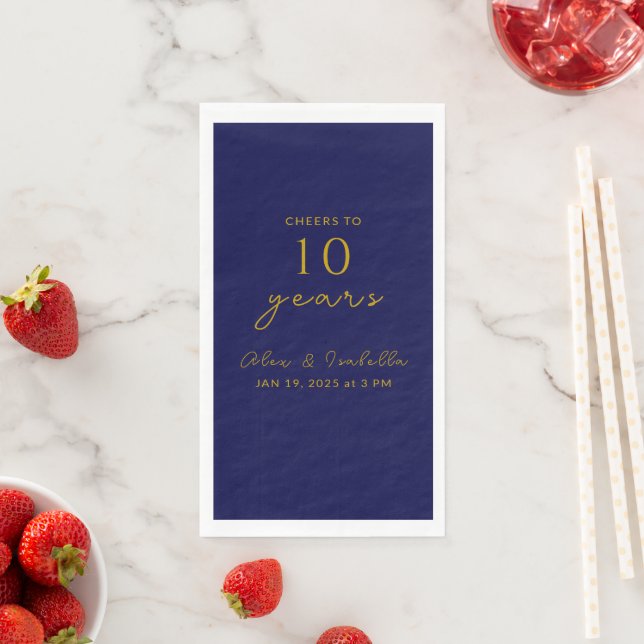 Modern Navy Gold 10th Wedding Anniversary Party Paper Guest Towels (Insitu)