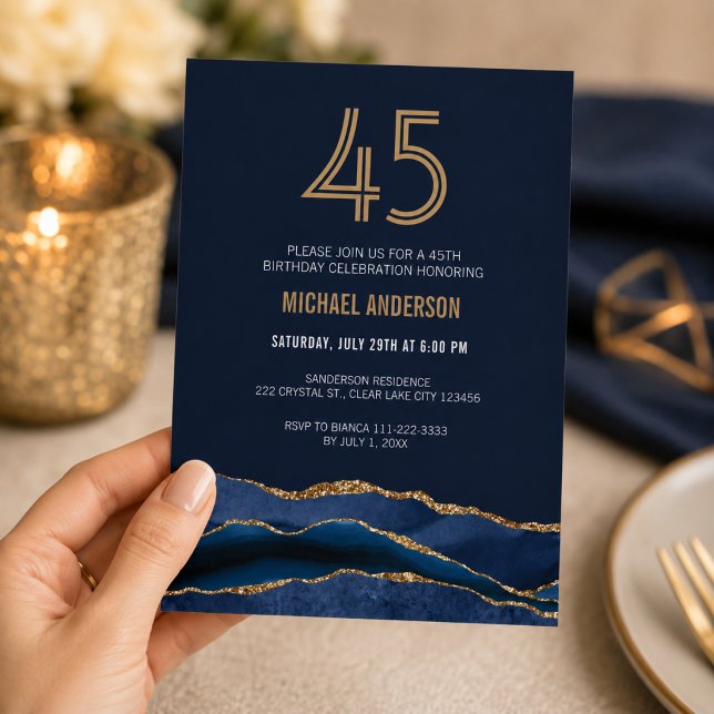 Modern Navy Gold 45th Birthday Invitation (Elegant navy and gold 45th birthday invitation with luxurious modern details)