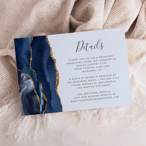 Modern Navy Gold Agate Light Blue Wedding Details Enclosure Card