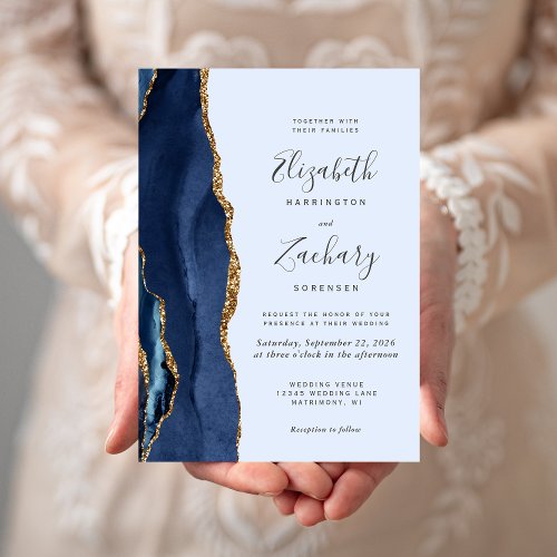 Modern Navy Gold Agate Light Blue Wedding Invitation