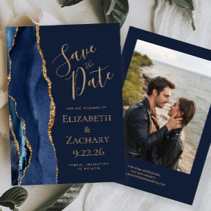 Modern Navy Gold Agate Photo Save The Date