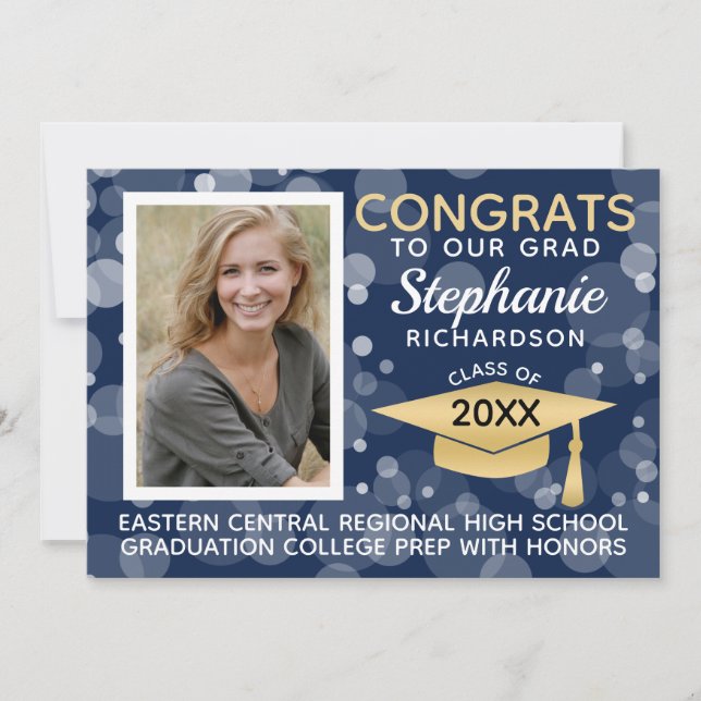 Modern Navy Gold Bokeh Bubbles Photo Graduation Invitation (Front)