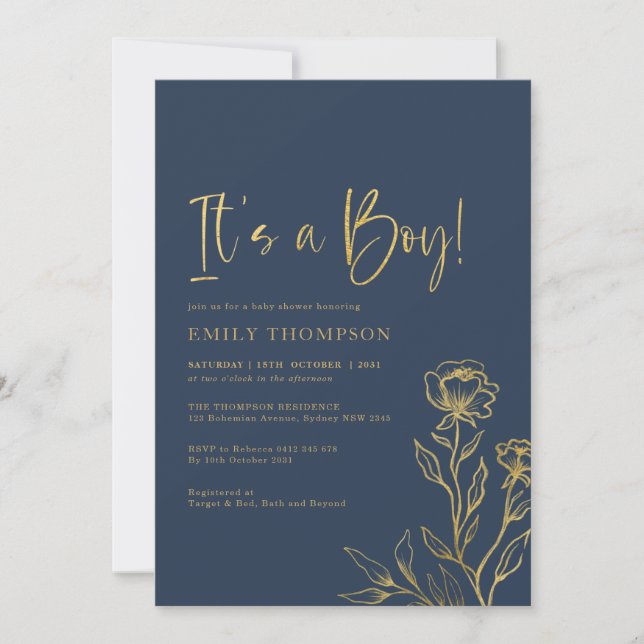 Modern Navy Gold Botanical Boy Baby Shower Invitation (Front)