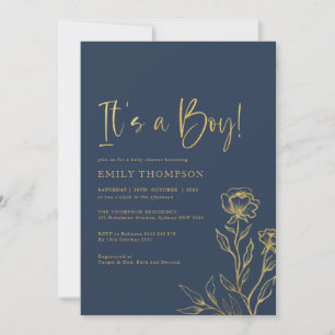Modern Navy Gold Botanical Boy Baby Shower Invitation