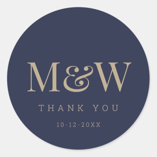 Modern Navy Gold Bride Groom Monogram Thank You Classic Round Sticker