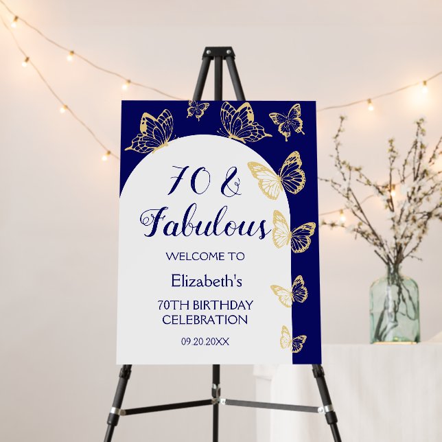 Modern Navy Gold Butterflies Fabulous Birthday Foam Board (In Situ (Stand))