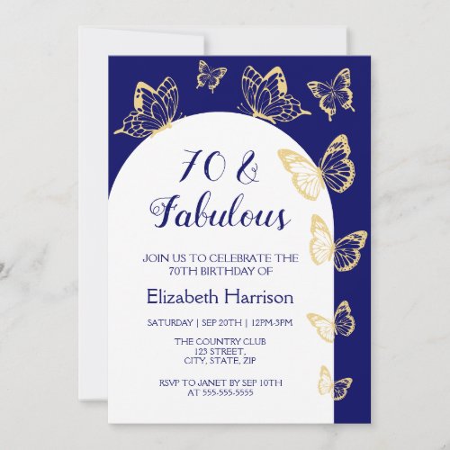 Modern Navy Gold Butterflies Fabulous Birthday Invitation