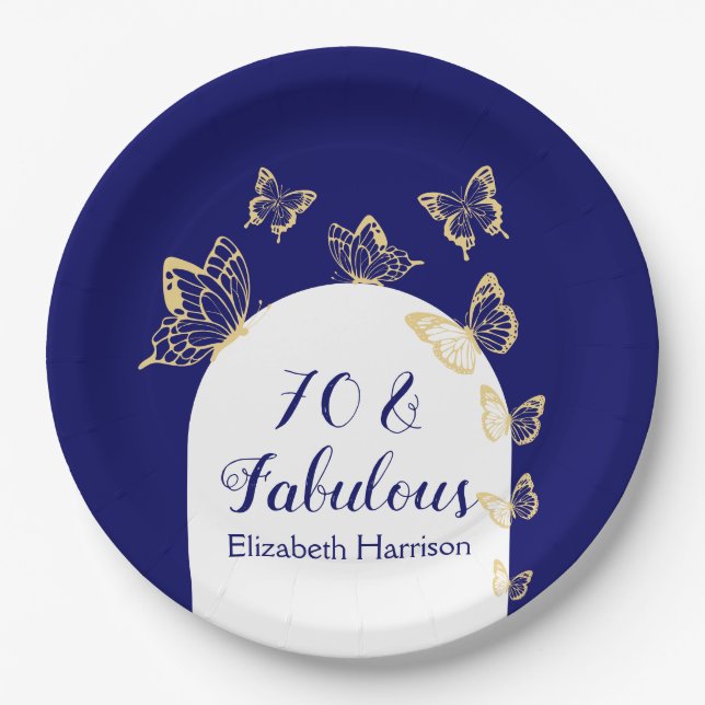 Modern Navy Gold Butterflies Fabulous Birthday Paper Plates (Front)