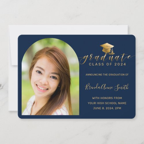 Modern Navy Gold Cap Script Arch Photo Graduation Announcement