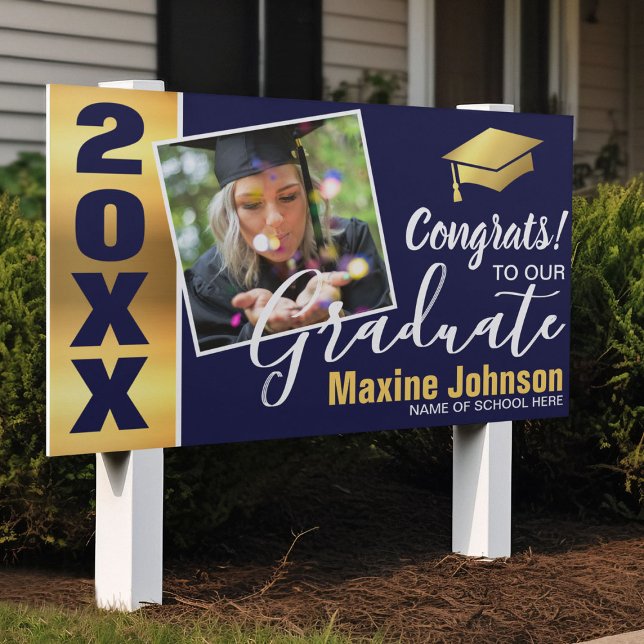 Modern Navy & Gold Class of 2025 Photo Graduation Sign (Creator Uploaded)
