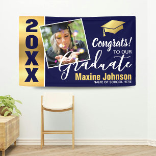 Modern Navy & Gold Class of 2026 Photo Graduation Banner