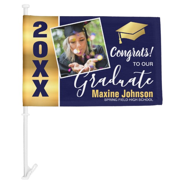 Modern Navy & Gold Class of 2026 Photo Graduation Car Flag (Front)